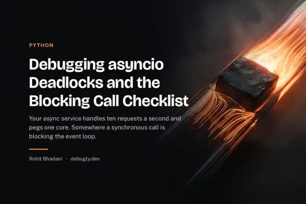 Debugging asyncio Deadlocks and the Blocking Call Checklist. Abstract python illustration in orange and dark grey on debugly.dev