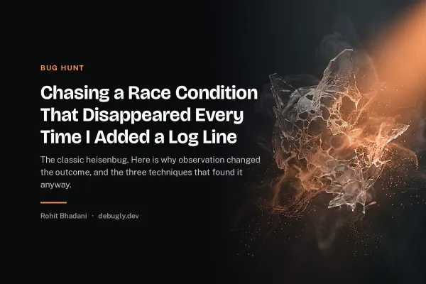 Chasing a Race Condition That Disappeared Every Time I Added a Log Line. Abstract bug hunt illustration in orange and dark grey on debugly.dev