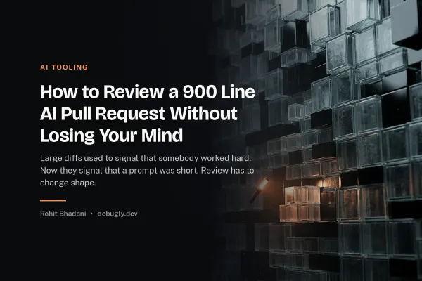 How to Review a 900 Line AI Pull Request Without Losing Your Mind. Abstract ai tooling illustration in orange and dark grey on debugly.dev