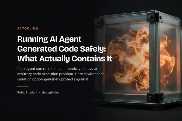Running AI Agent Generated Code Safely: What Actually Contains It. Abstract ai tooling illustration in orange and dark grey on debugly.dev