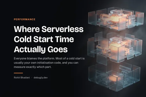 Where Serverless Cold Start Time Actually Goes. Abstract performance illustration in orange and dark grey on debugly.dev