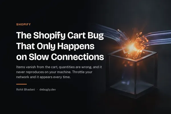 The Shopify Cart Bug That Only Happens on Slow Connections. Abstract shopify illustration in orange and dark grey on debugly.dev