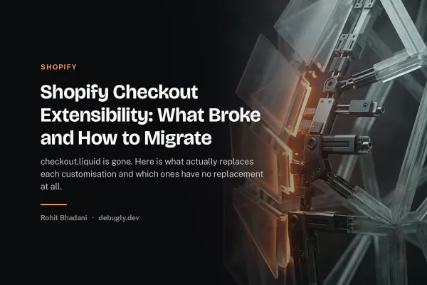 Shopify Checkout Extensibility: What Broke and How to Migrate. Abstract shopify illustration in orange and dark grey on debugly.dev