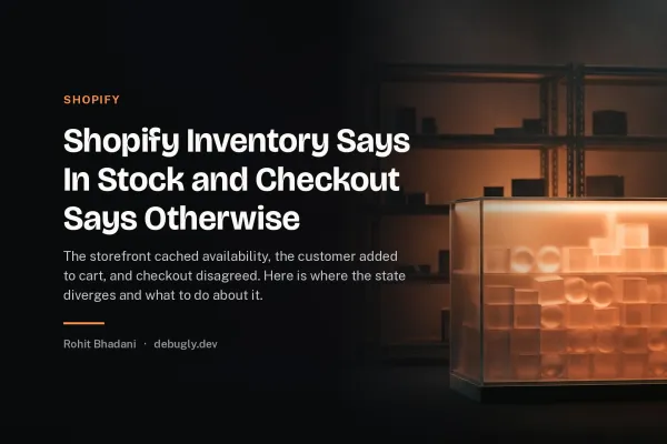 Shopify Inventory Says In Stock and Checkout Says Otherwise. Abstract shopify illustration in orange and dark grey on debugly.dev