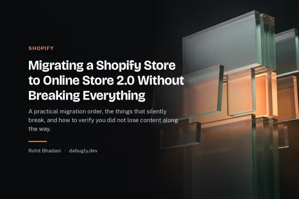 Migrating a Shopify Store to Online Store 2.0 Without Breaking Everything. Abstract shopify illustration in orange and dark grey on debugly.dev