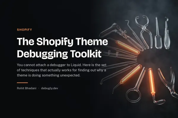 The Shopify Theme Debugging Toolkit. Abstract shopify illustration in orange and dark grey on debugly.dev