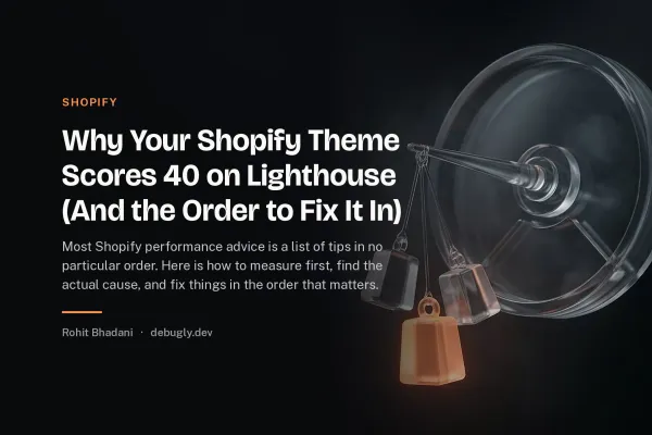 Why Your Shopify Theme Scores 40 on Lighthouse (And the Order to Fix It In). Abstract shopify illustration in orange and dark grey on debugly.dev
