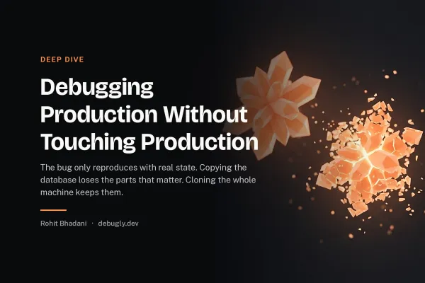 Debugging Production Without Touching Production. Abstract deep dive illustration in orange and dark grey on debugly.dev
