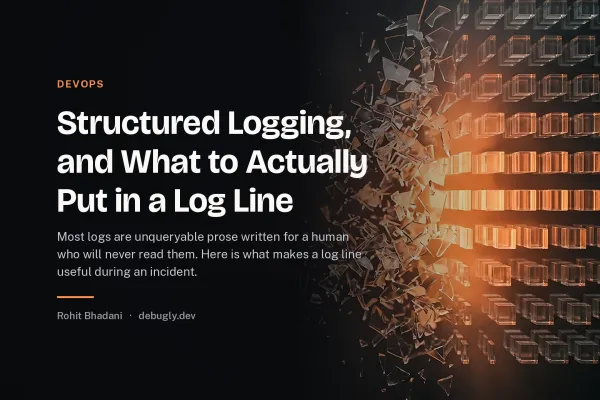 Structured Logging, and What to Actually Put in a Log Line. Abstract devops illustration in orange and dark grey on debugly.dev