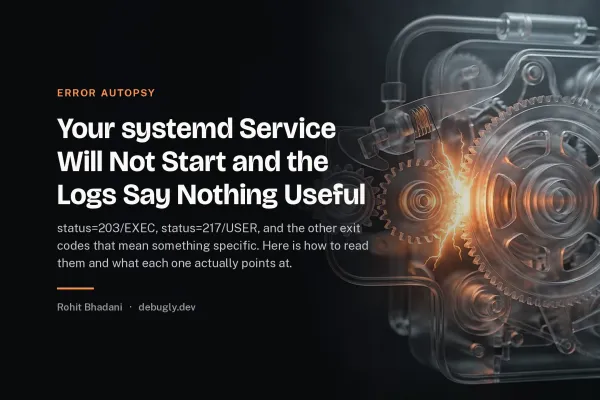 Your systemd Service Will Not Start and the Logs Say Nothing Useful. Abstract error autopsy illustration in orange and dark grey on debugly.dev