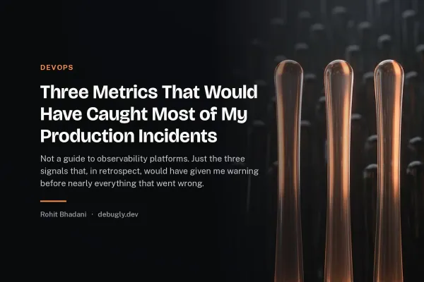 Three Metrics That Would Have Caught Most of My Production Incidents. Abstract devops illustration in orange and dark grey on debugly.dev