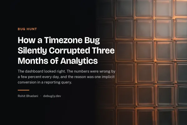 How a Timezone Bug Silently Corrupted Three Months of Analytics. Abstract bug hunt illustration in orange and dark grey on debugly.dev
