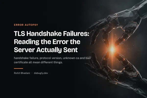 TLS Handshake Failures: Reading the Error the Server Actually Sent. Abstract error autopsy illustration in orange and dark grey on debugly.dev