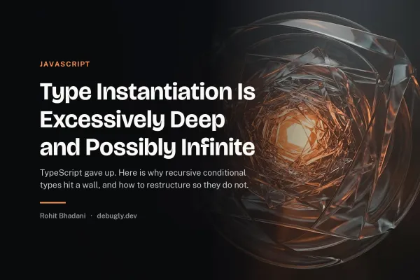 Type Instantiation Is Excessively Deep and Possibly Infinite. Abstract javascript illustration in orange and dark grey on debugly.dev