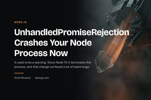 UnhandledPromiseRejection Crashes Your Node Process Now. Abstract node.js illustration in orange and dark grey on debugly.dev