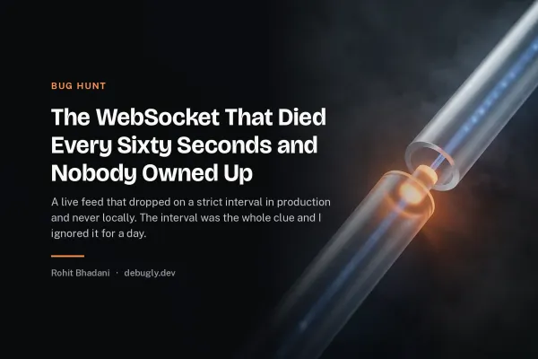 The WebSocket That Died Every Sixty Seconds and Nobody Owned Up. Abstract bug hunt illustration in orange and dark grey on debugly.dev