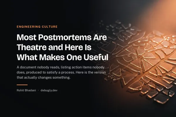 Most Postmortems Are Theatre and Here Is What Makes One Useful. Abstract engineering culture illustration in orange and dark grey on debugly.dev