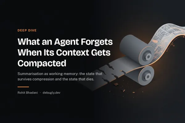 What an Agent Forgets When Its Context Gets Compacted. Abstract deep dive illustration in orange and dark grey on debugly.dev