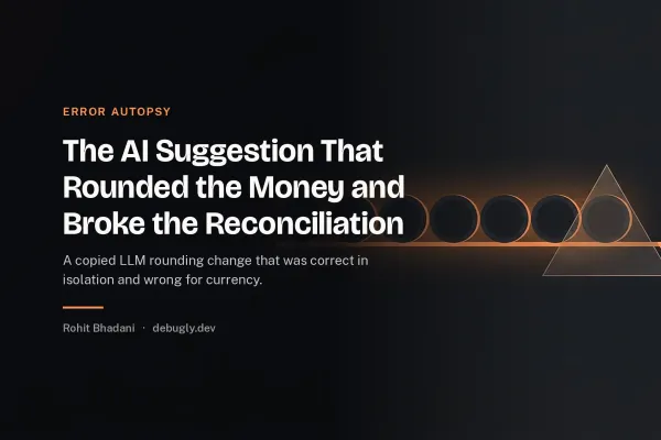 The AI Suggestion That Rounded the Money and Broke the Reconciliation. Abstract error autopsy illustration in orange and dark grey on debugly.dev