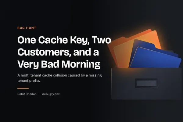 One Cache Key, Two Customers, and a Very Bad Morning. Abstract bug hunt illustration in orange and dark grey on debugly.dev
