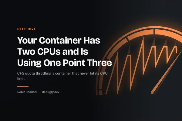 Your Container Has Two CPUs and Is Using One Point Three. Abstract deep dive illustration in orange and dark grey on debugly.dev