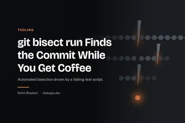 git bisect run Finds the Commit While You Get Coffee. Abstract tooling illustration in orange and dark grey on debugly.dev