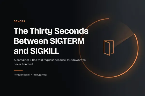 The Thirty Seconds Between SIGTERM and SIGKILL. Abstract devops illustration in orange and dark grey on debugly.dev