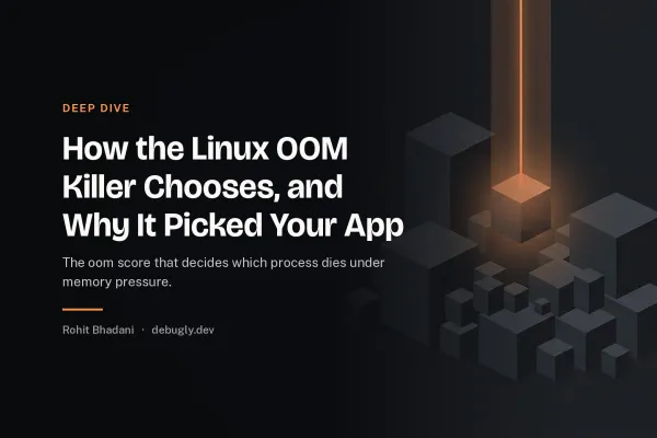 How the Linux OOM Killer Chooses, and Why It Picked Your App. Abstract deep dive illustration in orange and dark grey on debugly.dev