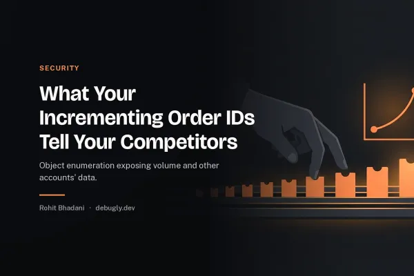 What Your Incrementing Order IDs Tell Your Competitors. Abstract security illustration in orange and dark grey on debugly.dev