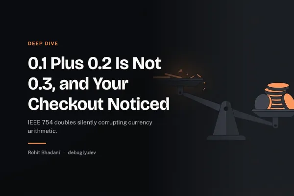 0.1 Plus 0.2 Is Not 0.3, and Your Checkout Noticed. Abstract deep dive illustration in orange and dark grey on debugly.dev