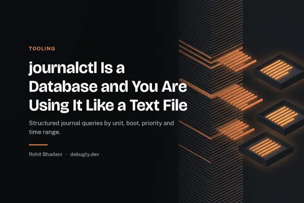journalctl Is a Database and You Are Using It Like a Text File. Abstract tooling illustration in orange and dark grey on debugly.dev