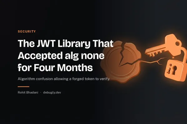 The JWT Library That Accepted alg none for Four Months. Abstract security illustration in orange and dark grey on debugly.dev