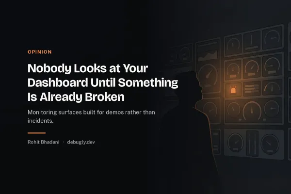 Nobody Looks at Your Dashboard Until Something Is Already Broken. Abstract opinion illustration in orange and dark grey on debugly.dev