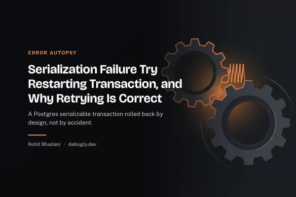 Serialization Failure Try Restarting Transaction, and Why Retrying Is Correct. Abstract error autopsy illustration in orange and dark grey on debugly.dev