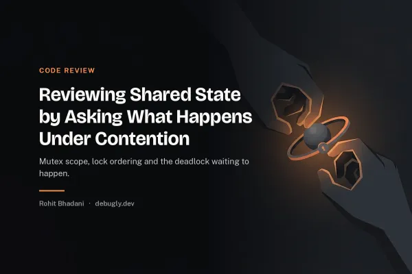 Reviewing Shared State by Asking What Happens Under Contention. Abstract code review illustration in orange and dark grey on debugly.dev