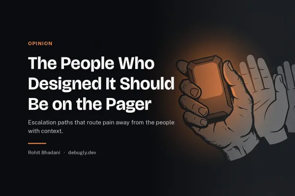 The People Who Designed It Should Be on the Pager. Abstract opinion illustration in orange and dark grey on debugly.dev