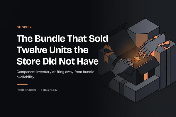 The Bundle That Sold Twelve Units the Store Did Not Have. Abstract shopify illustration in orange and dark grey on debugly.dev