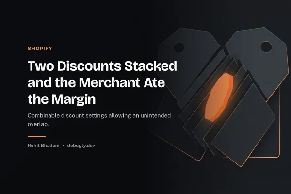 Two Discounts Stacked and the Merchant Ate the Margin. Abstract shopify illustration in orange and dark grey on debugly.dev