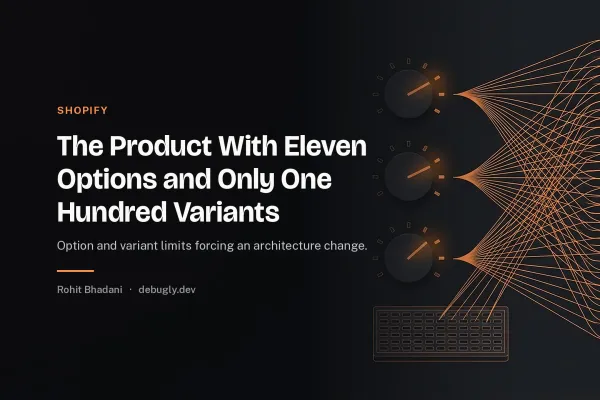 The Product With Eleven Options and Only One Hundred Variants. Abstract shopify illustration in orange and dark grey on debugly.dev