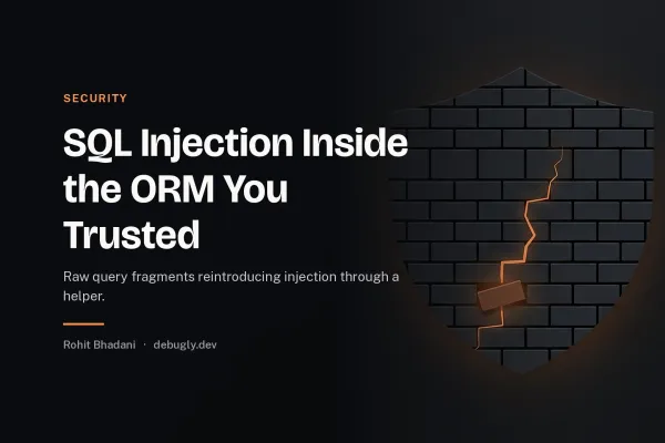 SQL Injection Inside the ORM You Trusted. Abstract security illustration in orange and dark grey on debugly.dev