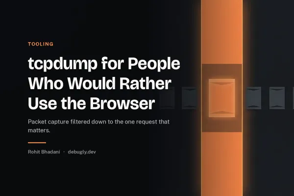 tcpdump for People Who Would Rather Use the Browser. Abstract tooling illustration in orange and dark grey on debugly.dev