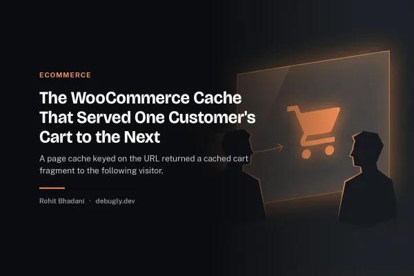 The WooCommerce Cache That Served One Customer's Cart to the Next. Abstract ecommerce illustration in orange and dark grey on debugly.dev