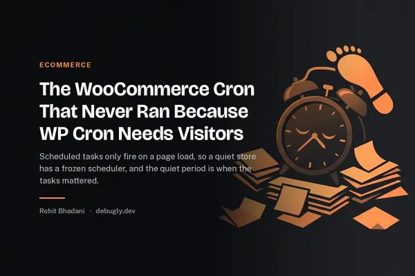 The WooCommerce Cron That Never Ran Because WP Cron Needs Visitors. Abstract ecommerce illustration in orange and dark grey on debugly.dev
